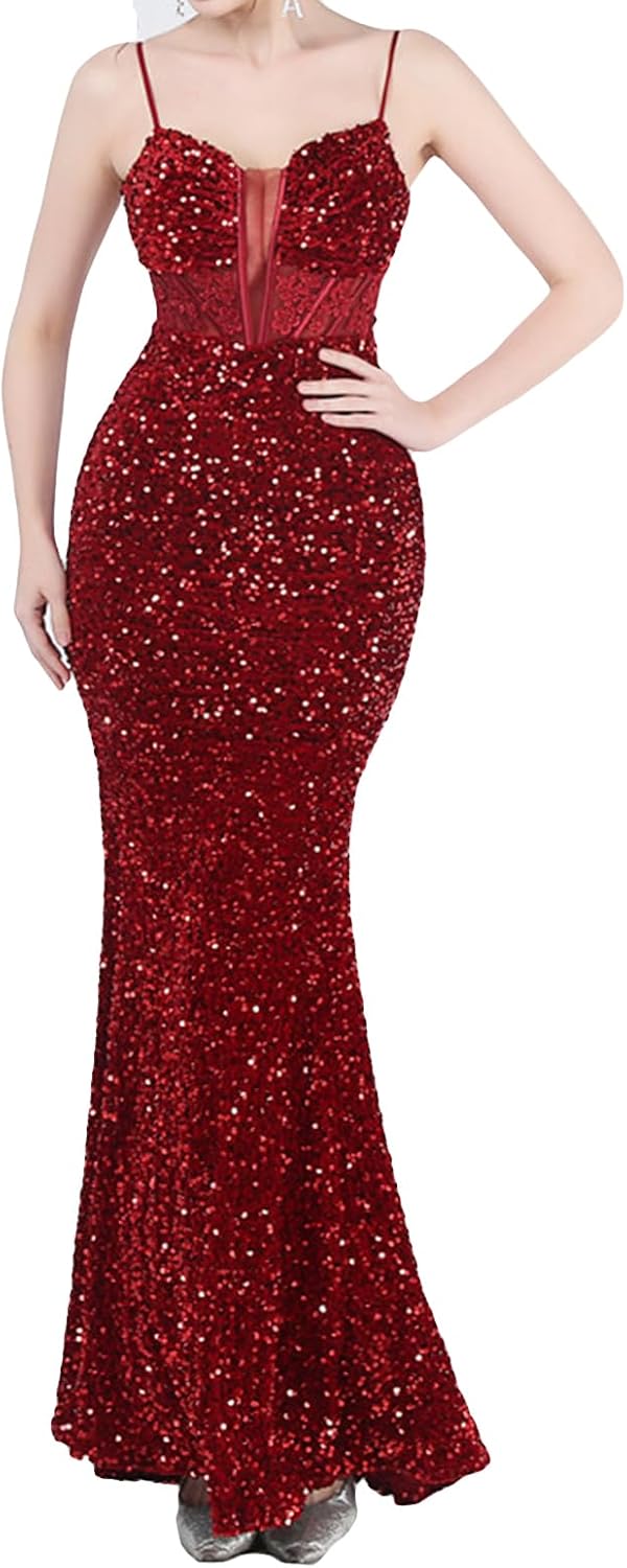 Madam Uniq Women Cross Strappy Evening Gown Sequin Maxi Mermaid Cocktail Holiday Mesh V Neck Formal Wedding Dress - Image 5