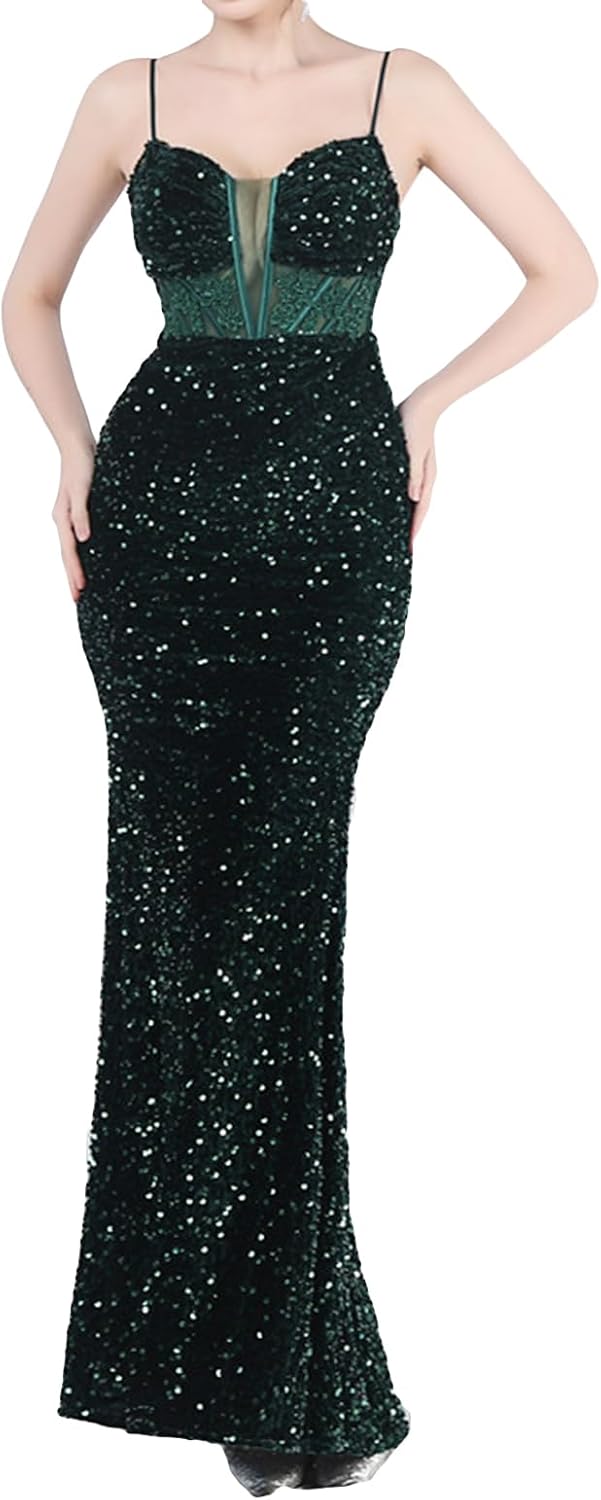 Madam Uniq Women Cross Strappy Evening Gown Sequin Maxi Mermaid Cocktail Holiday Mesh V Neck Formal Wedding Dress