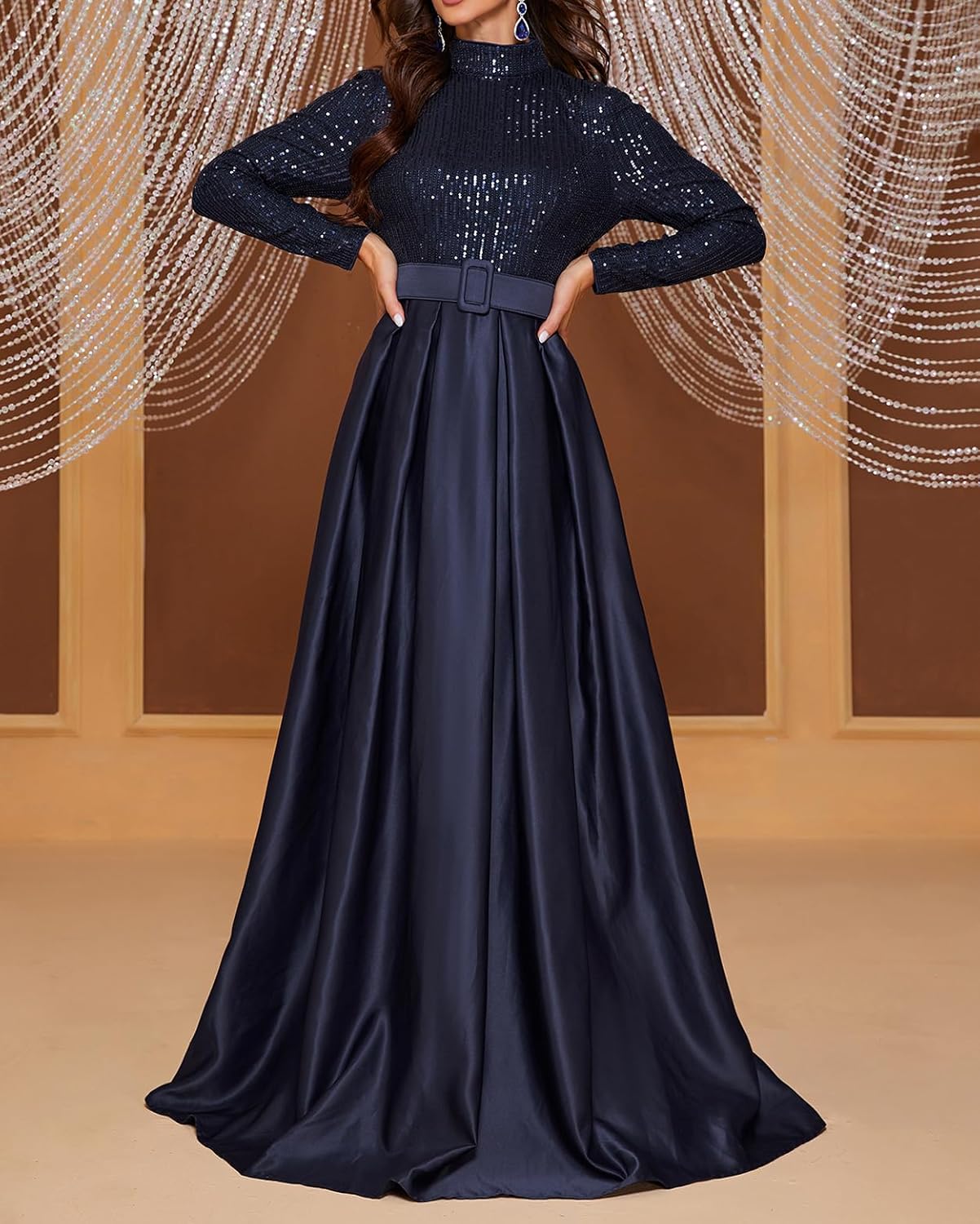 Madam Uniq Women Long Sleeve High Neck Evening Gown 1920s Formal Sequin Maxi Elegant Satin Party Cocktail Dress - Image 6
