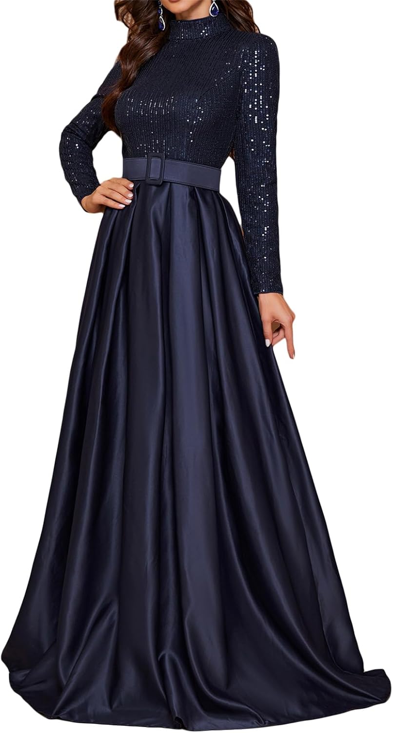 Madam Uniq Women Long Sleeve High Neck Evening Gown 1920s Formal Sequin Maxi Elegant Satin Party Cocktail Dress
