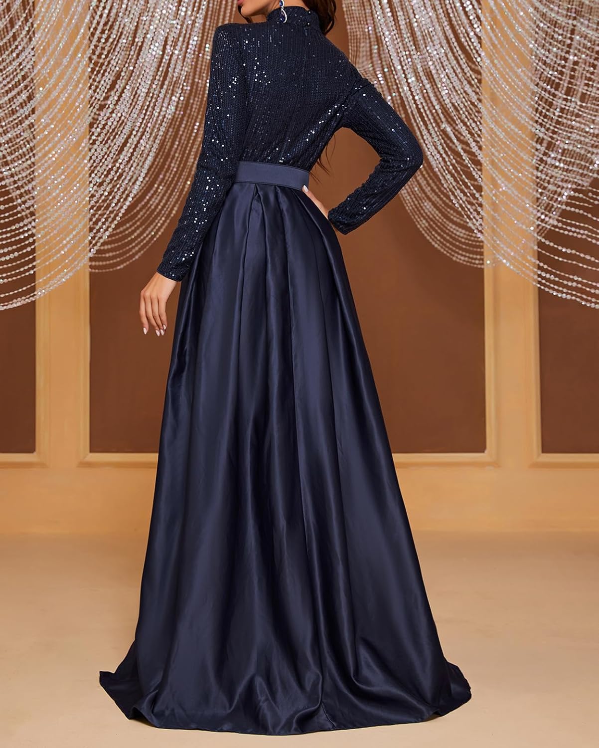 Madam Uniq Women Long Sleeve High Neck Evening Gown 1920s Formal Sequin Maxi Elegant Satin Party Cocktail Dress - Image 2