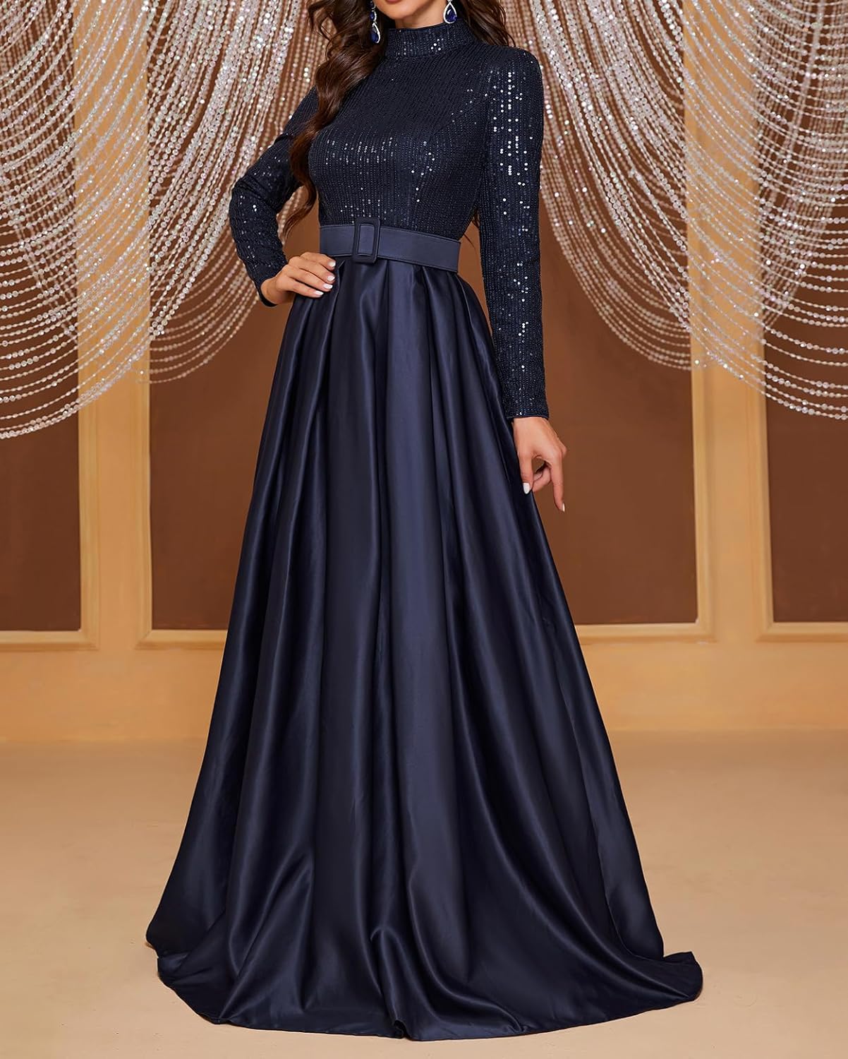 Madam Uniq Women Long Sleeve High Neck Evening Gown 1920s Formal Sequin Maxi Elegant Satin Party Cocktail Dress - Image 7