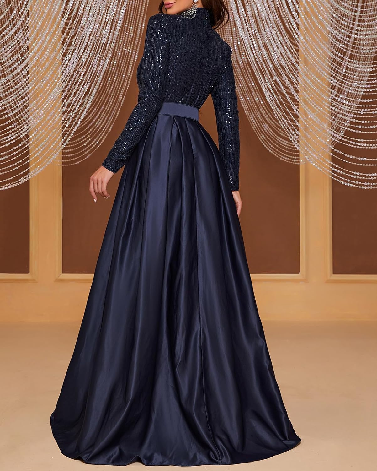 Madam Uniq Women Long Sleeve High Neck Evening Gown 1920s Formal Sequin Maxi Elegant Satin Party Cocktail Dress - Image 5