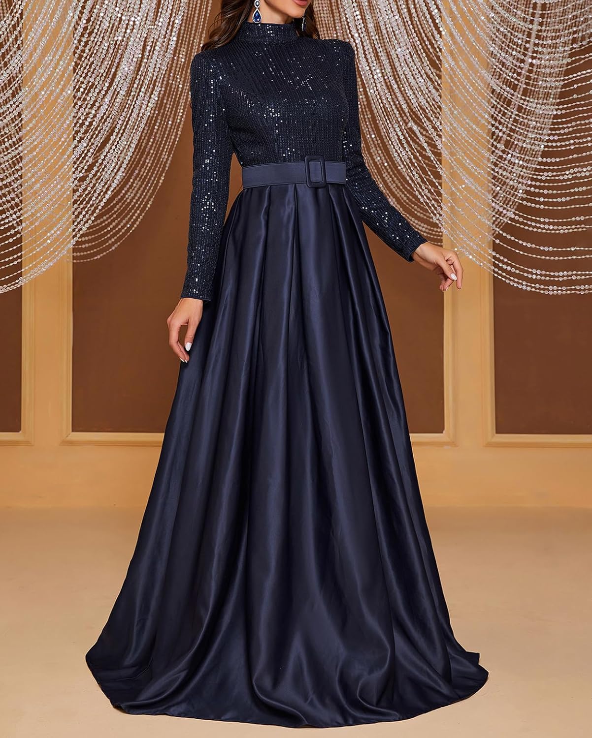 Madam Uniq Women Long Sleeve High Neck Evening Gown 1920s Formal Sequin Maxi Elegant Satin Party Cocktail Dress - Image 4