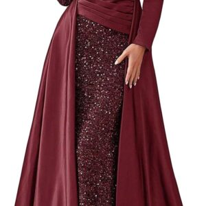 Madam Uniq Women Long Sleeve High Neck Sequin Elegant Evening Gown Satin 1920s Formal Maxi Cocktail Party Dress