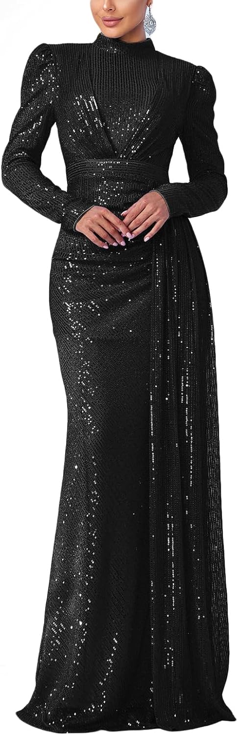 Madam Uniq Women Long Sleeve High Neck Sequin Evening Gown Formal Beach Maxi Club Wedding Cocktail Party Dress - Image 12