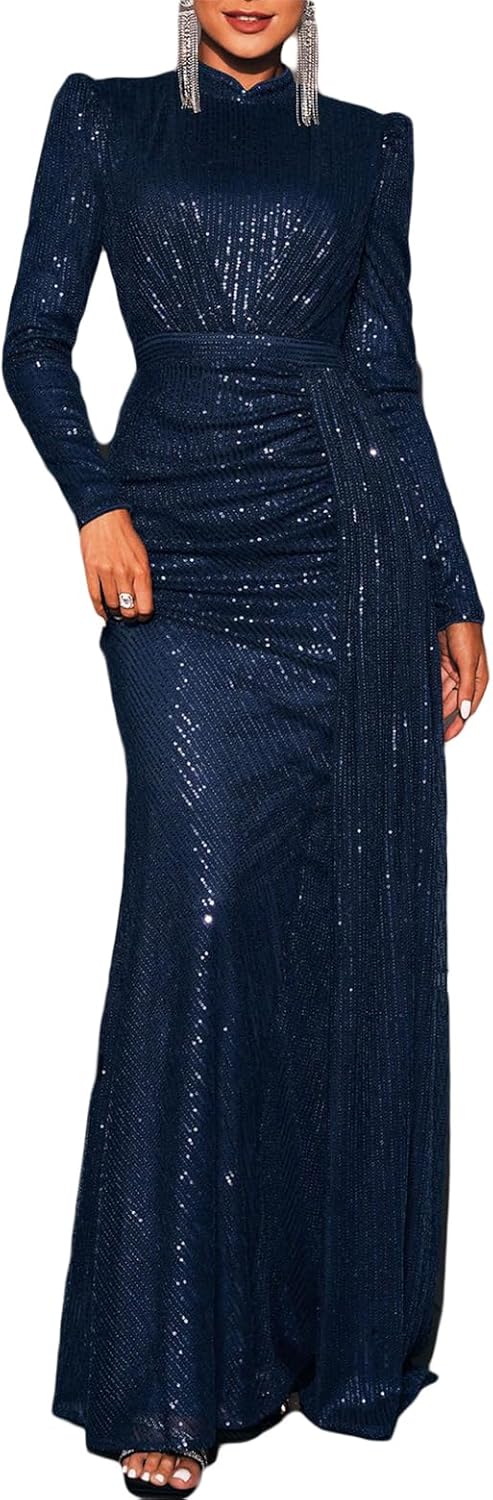 Madam Uniq Women Long Sleeve High Neck Sequin Evening Gown Formal Beach Maxi Club Wedding Cocktail Party Dress - Image 11
