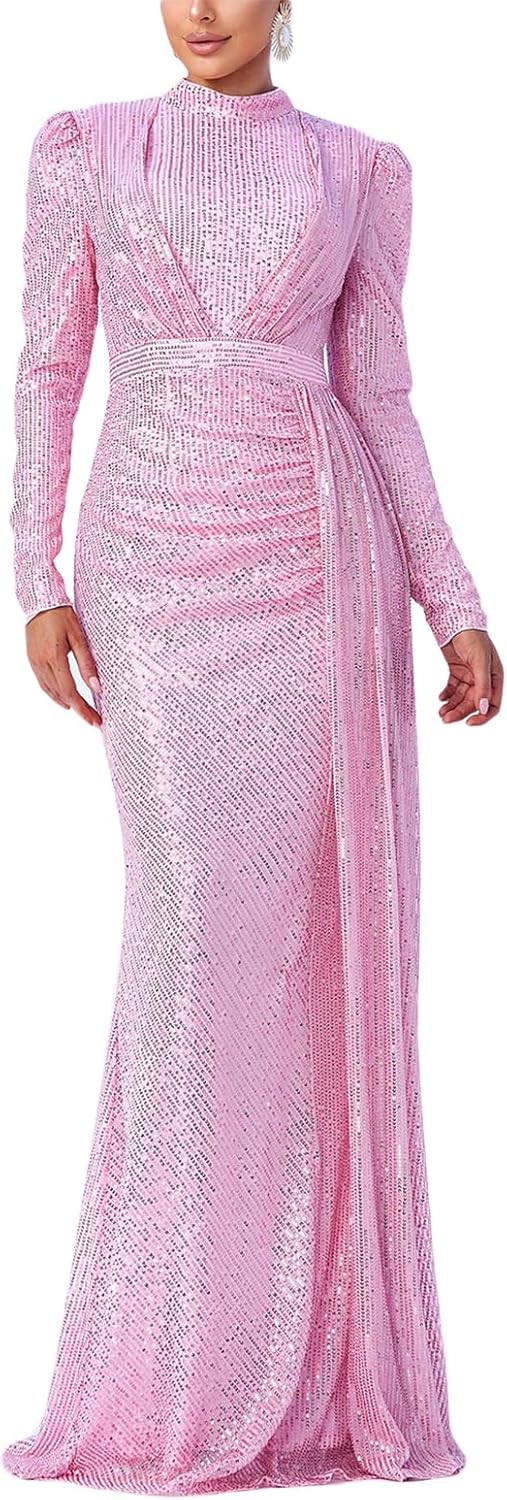 Madam Uniq Women Long Sleeve High Neck Sequin Evening Gown Formal Beach Maxi Club Wedding Cocktail Party Dress - Image 10