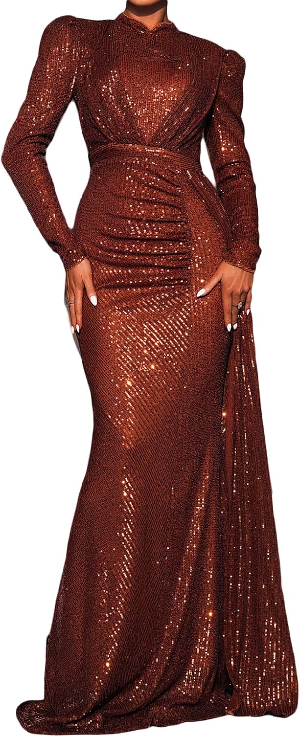 Madam Uniq Women Long Sleeve High Neck Sequin Evening Gown Formal Beach Maxi Club Wedding Cocktail Party Dress