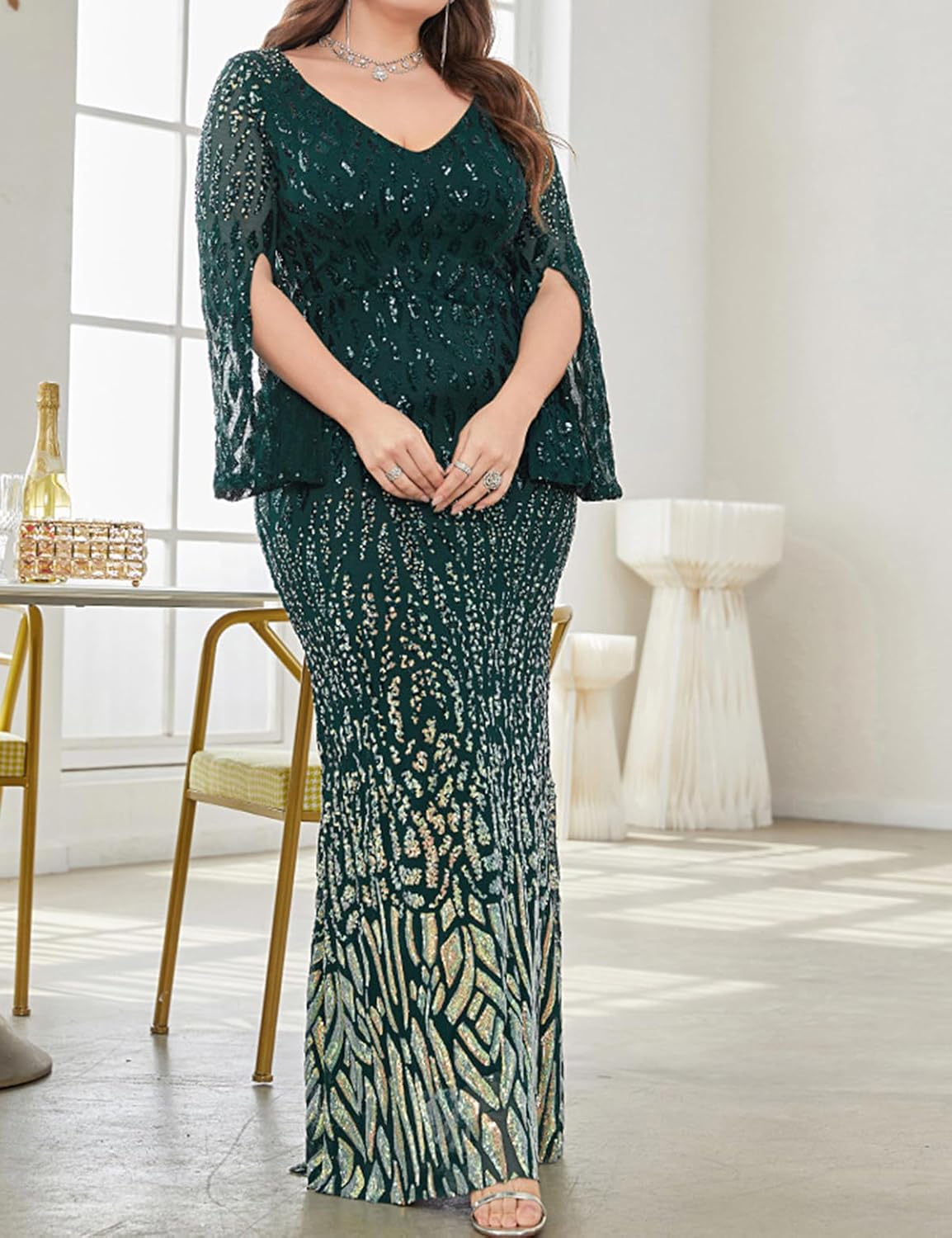 Madam Uniq Women Long Sleeve Plus Size 1920s Sequin Dress Gatsby Formal Maxi Wedding Cocktail Evening Gown - Image 6
