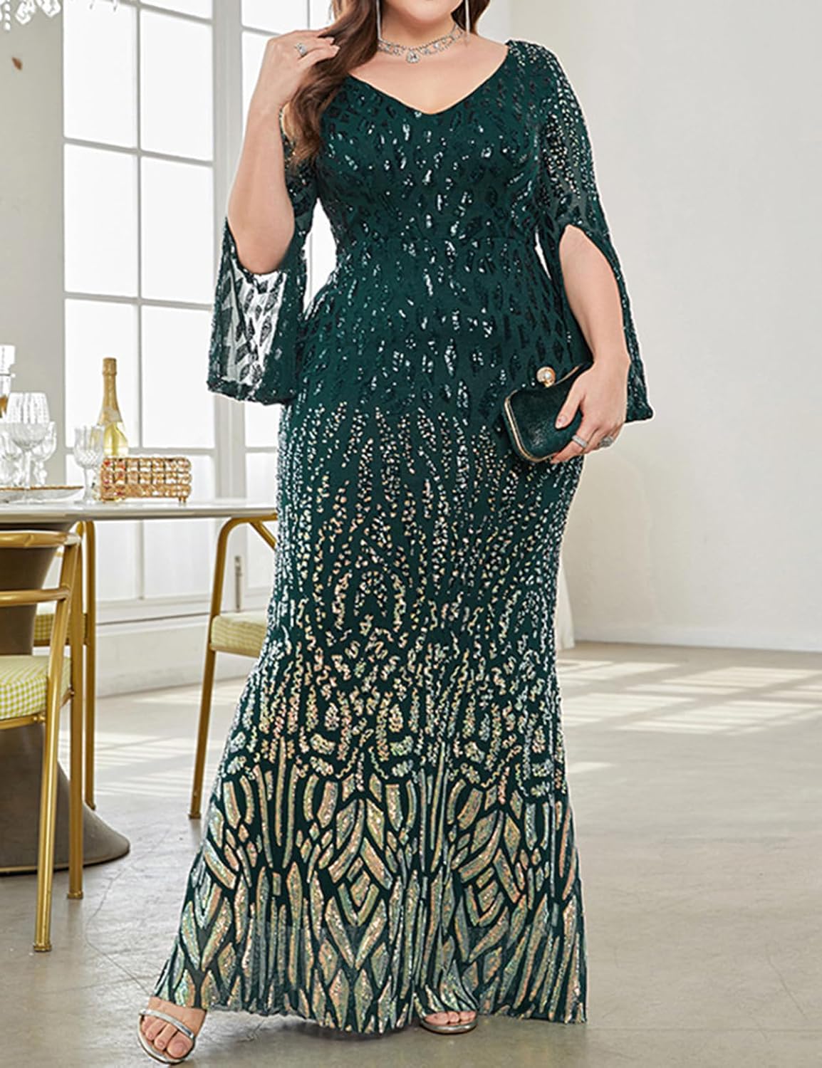 Madam Uniq Women Long Sleeve Plus Size 1920s Sequin Dress Gatsby Formal Maxi Wedding Cocktail Evening Gown - Image 5