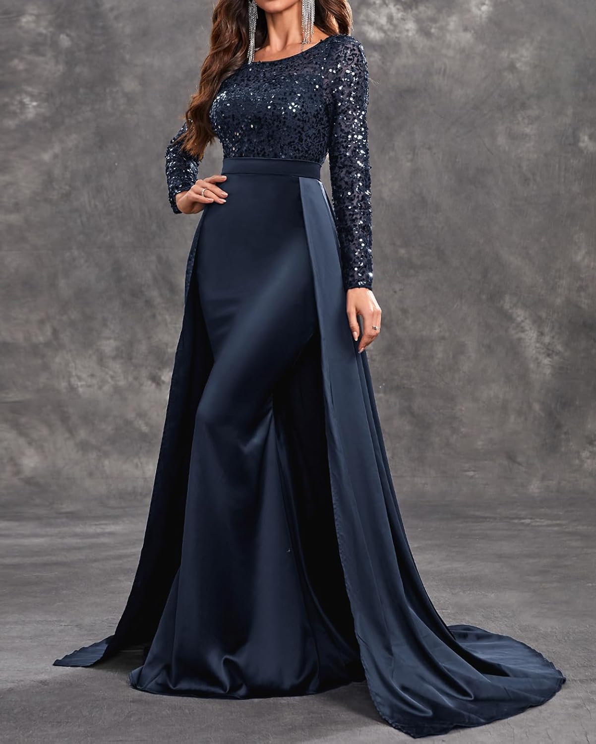 Madam Uniq Women Long Sleeve Round Neck Sequin Elegant Evening Gown Satin Maxi 1920s Formal Cocktail Party Dress - Image 4