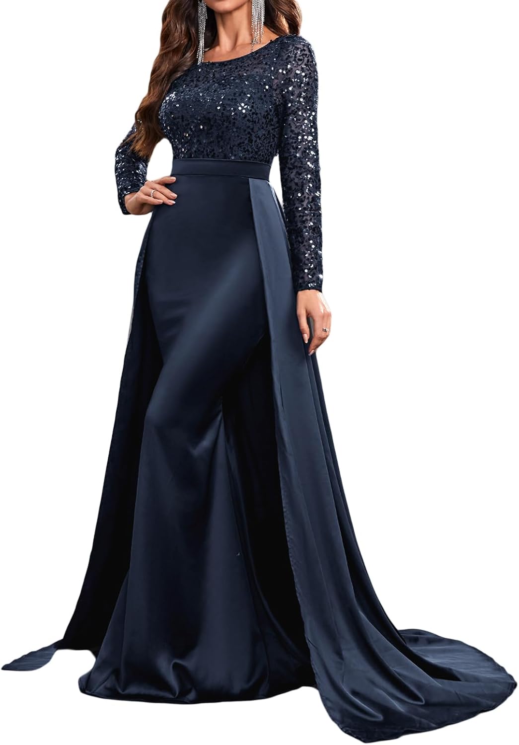 Madam Uniq Women Long Sleeve Round Neck Sequin Elegant Evening Gown Satin Maxi 1920s Formal Cocktail Party Dress