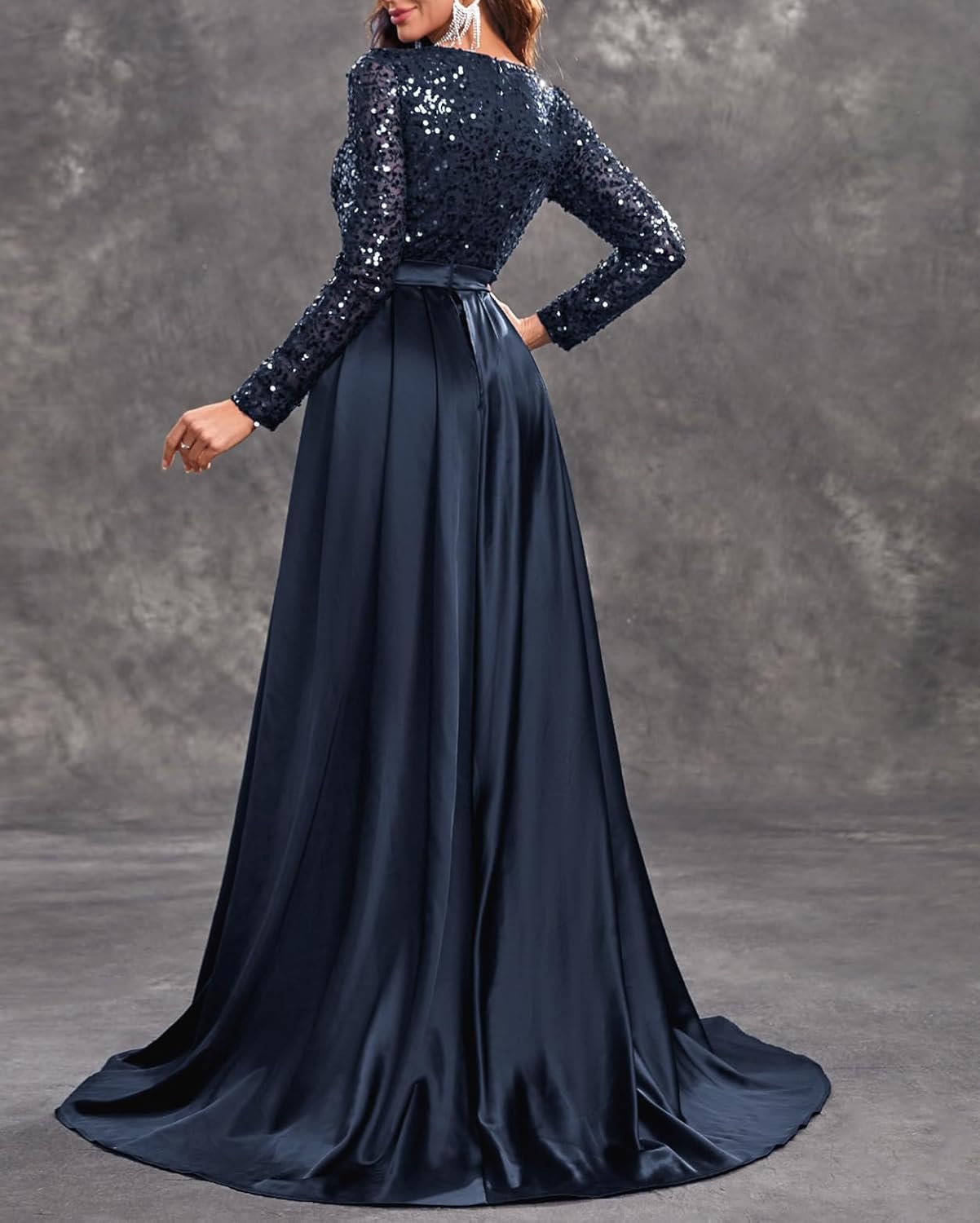 Madam Uniq Women Long Sleeve Round Neck Sequin Elegant Evening Gown Satin Maxi 1920s Formal Cocktail Party Dress - Image 2