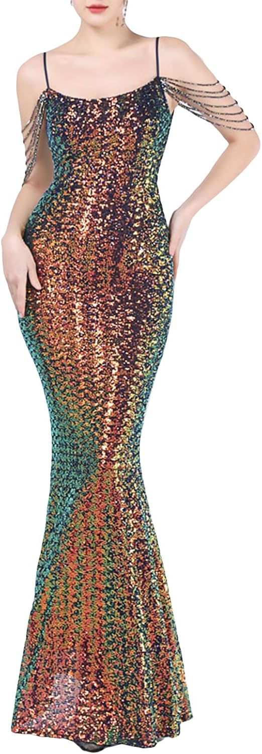 Madam Uniq Women Strap Sequin Formal Dress Tassel Sleeve Mermaid Gatsby Maxi Cocktail 1920s Wedding Evening Gown - Image 4