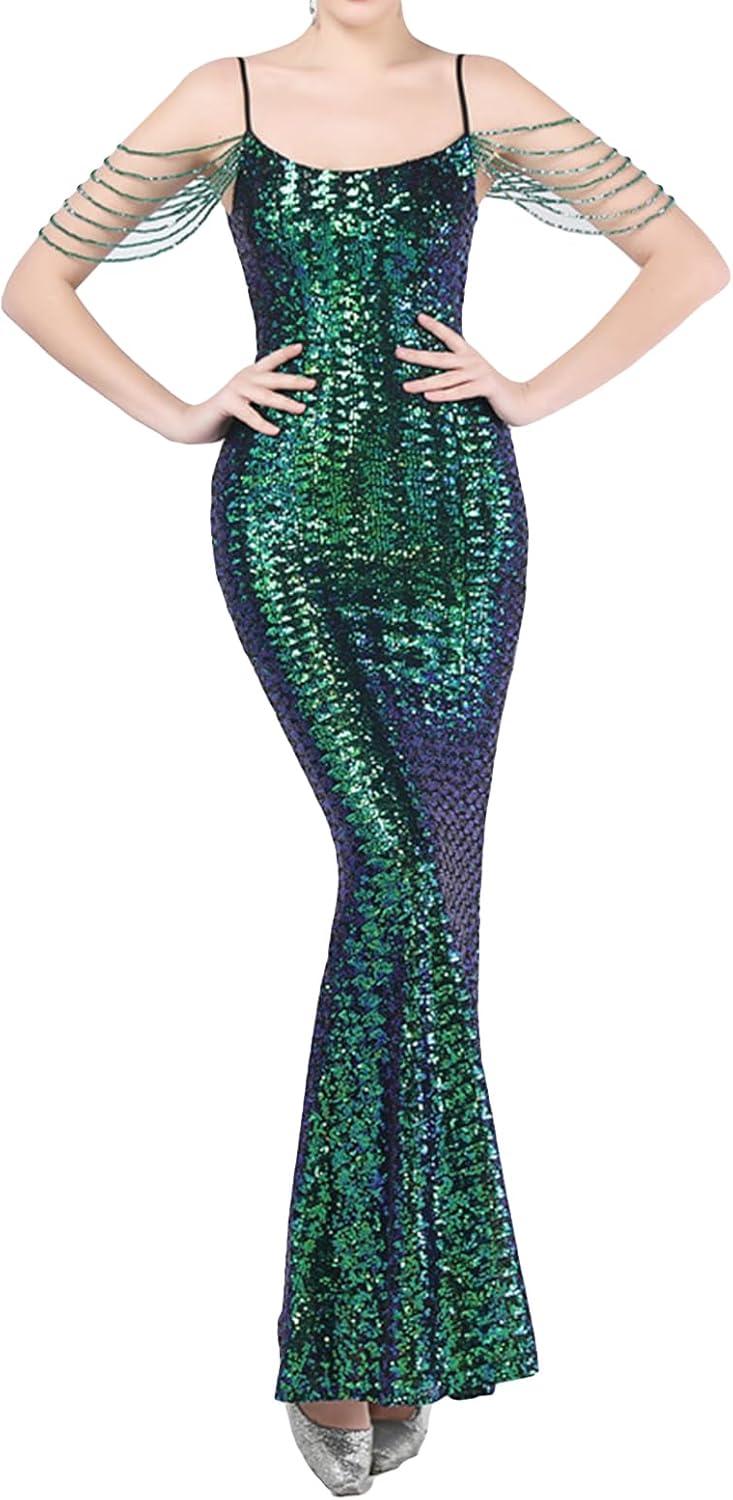 Madam Uniq Women Strap Sequin Formal Dress Tassel Sleeve Mermaid Gatsby Maxi Cocktail 1920s Wedding Evening Gown - Image 8