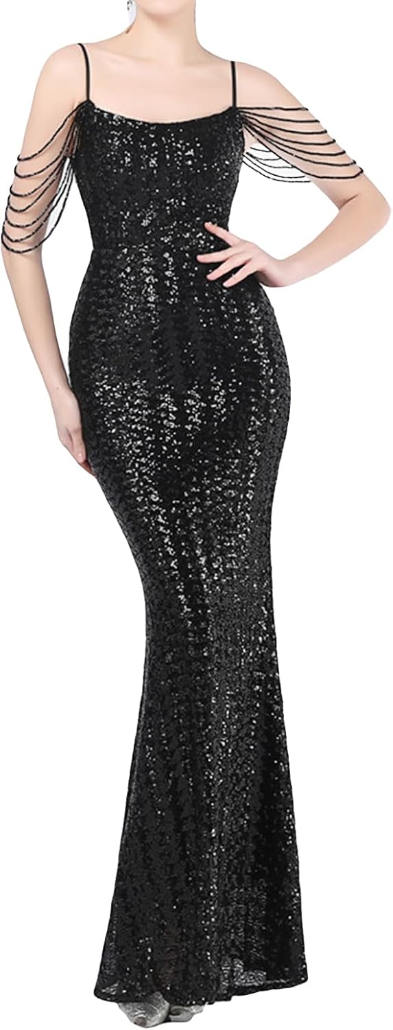 Madam Uniq Women Strap Sequin Formal Dress Tassel Sleeve Mermaid Gatsby Maxi Cocktail 1920s Wedding Evening Gown - Image 6