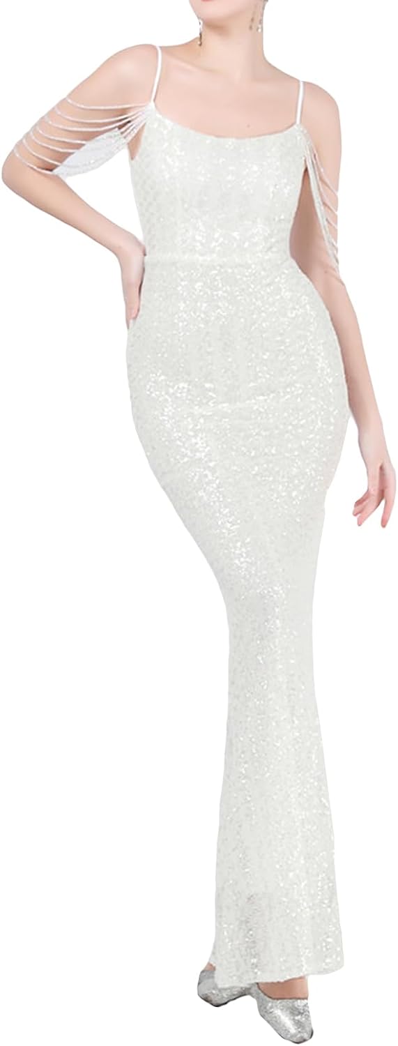 Madam Uniq Women Strap Sequin Formal Dress Tassel Sleeve Mermaid Gatsby Maxi Cocktail 1920s Wedding Evening Gown - Image 7