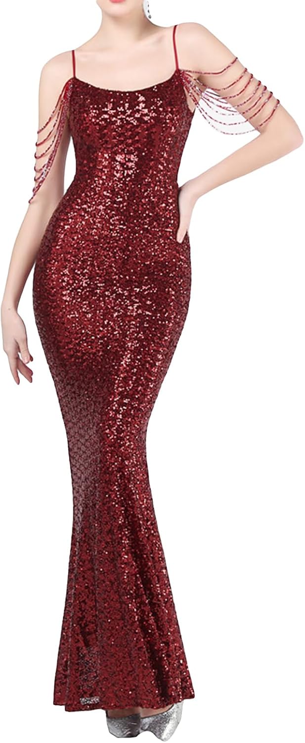 Madam Uniq Women Strap Sequin Formal Dress Tassel Sleeve Mermaid Gatsby Maxi Cocktail 1920s Wedding Evening Gown - Image 2
