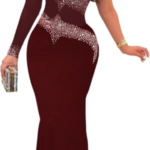 PORRCEY Women Sexy Elegant Rhinestone Mesh See Through Evening Dresses Party Club Night Clubwear