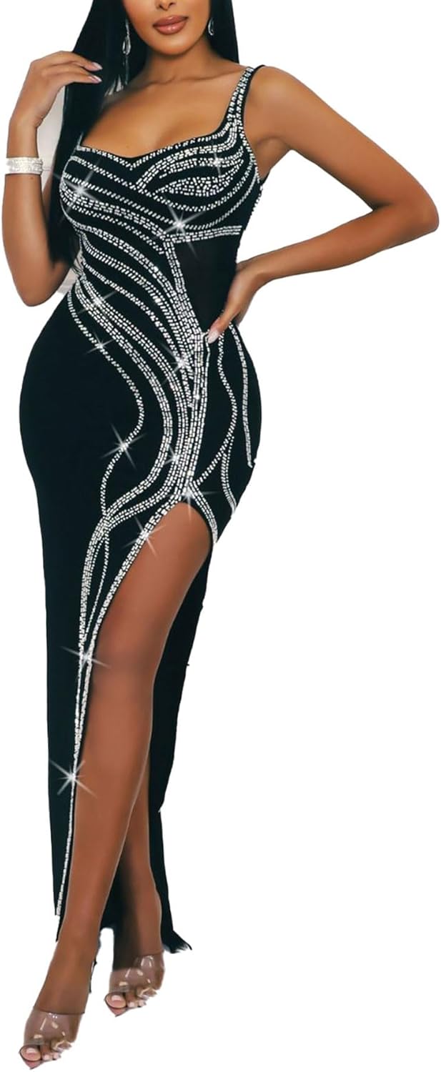 PORRCEY Women's Sexy Elegant Rhinestone Sleeveless Party Club Night Hot Drilling Clubwear Evening Dresses - Image 19