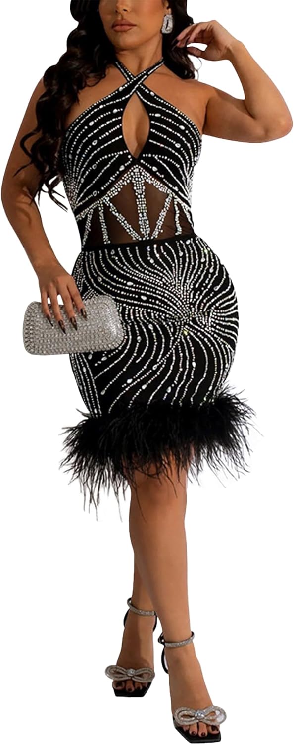 PORRCEY Women's Sexy Elegant Rhinestone Sleeveless Party Club Night Hot Drilling Clubwear Evening Dresses - Image 33