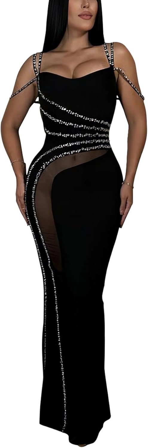 PORRCEY Women's Sexy Elegant Rhinestone Sleeveless Party Club Night Hot Drilling Clubwear Evening Dresses