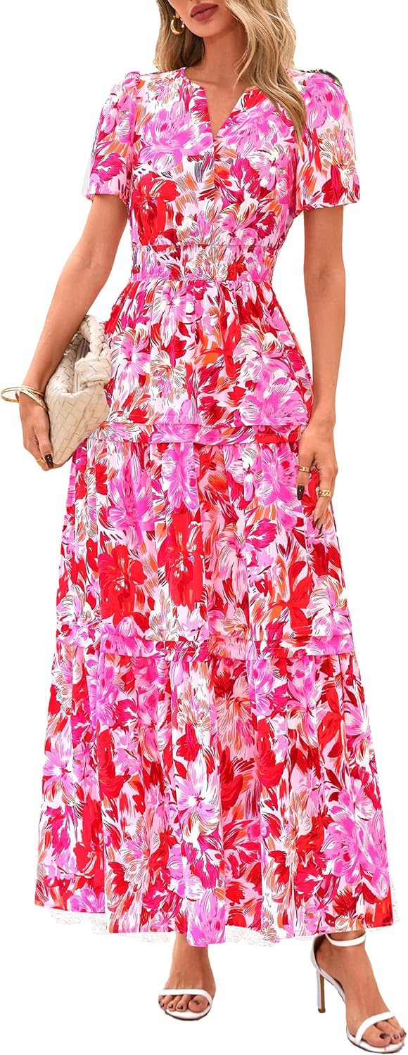 PRETTYGARDEN Women's 2025 Summer Boho Maxi Dresses Floral Short Sleeve V Neck A Line Tiered Flowy Long Beach Vacation Dress - Image 15