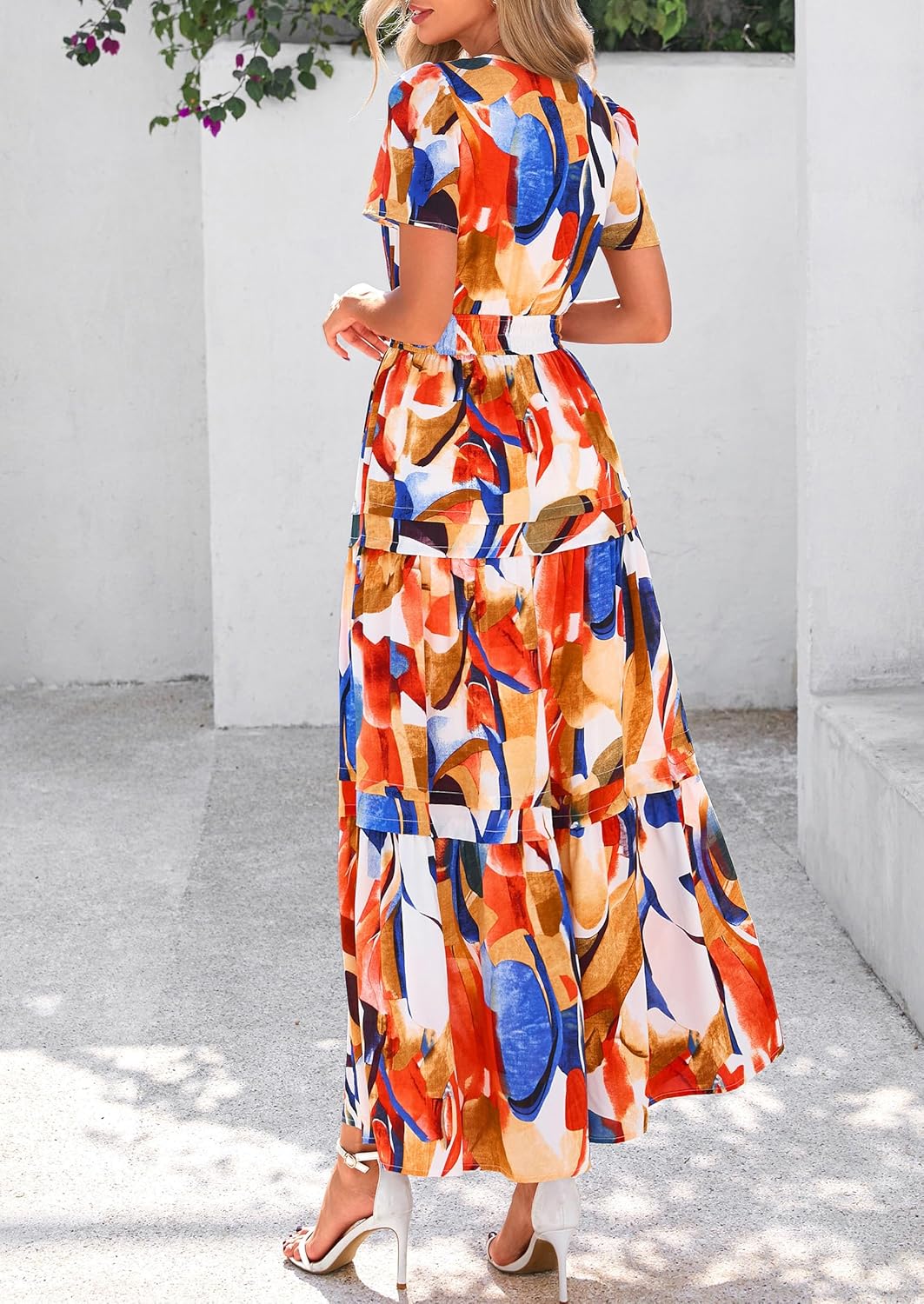 PRETTYGARDEN Women's 2025 Summer Boho Maxi Dresses Floral Short Sleeve V Neck A Line Tiered Flowy Long Beach Vacation Dress - Image 2