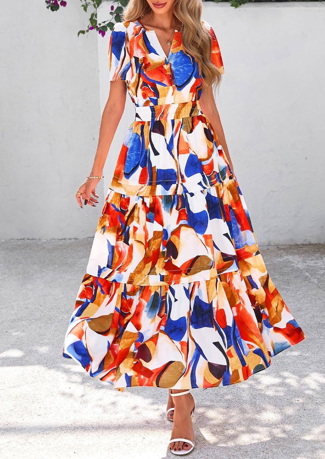 PRETTYGARDEN Women's 2025 Summer Boho Maxi Dresses Floral Short Sleeve V Neck A Line Tiered Flowy Long Beach Vacation Dress - Image 7