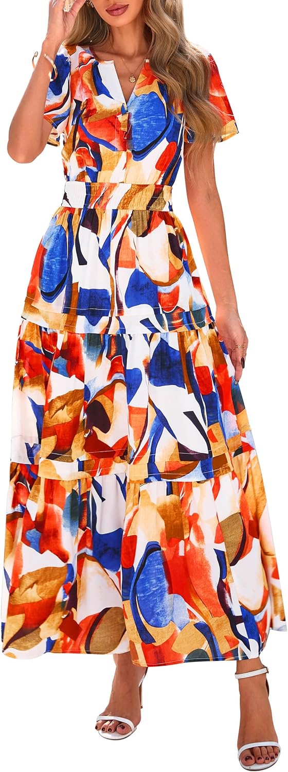 PRETTYGARDEN Women's 2025 Summer Boho Maxi Dresses Floral Short Sleeve V Neck A Line Tiered Flowy Long Beach Vacation Dress