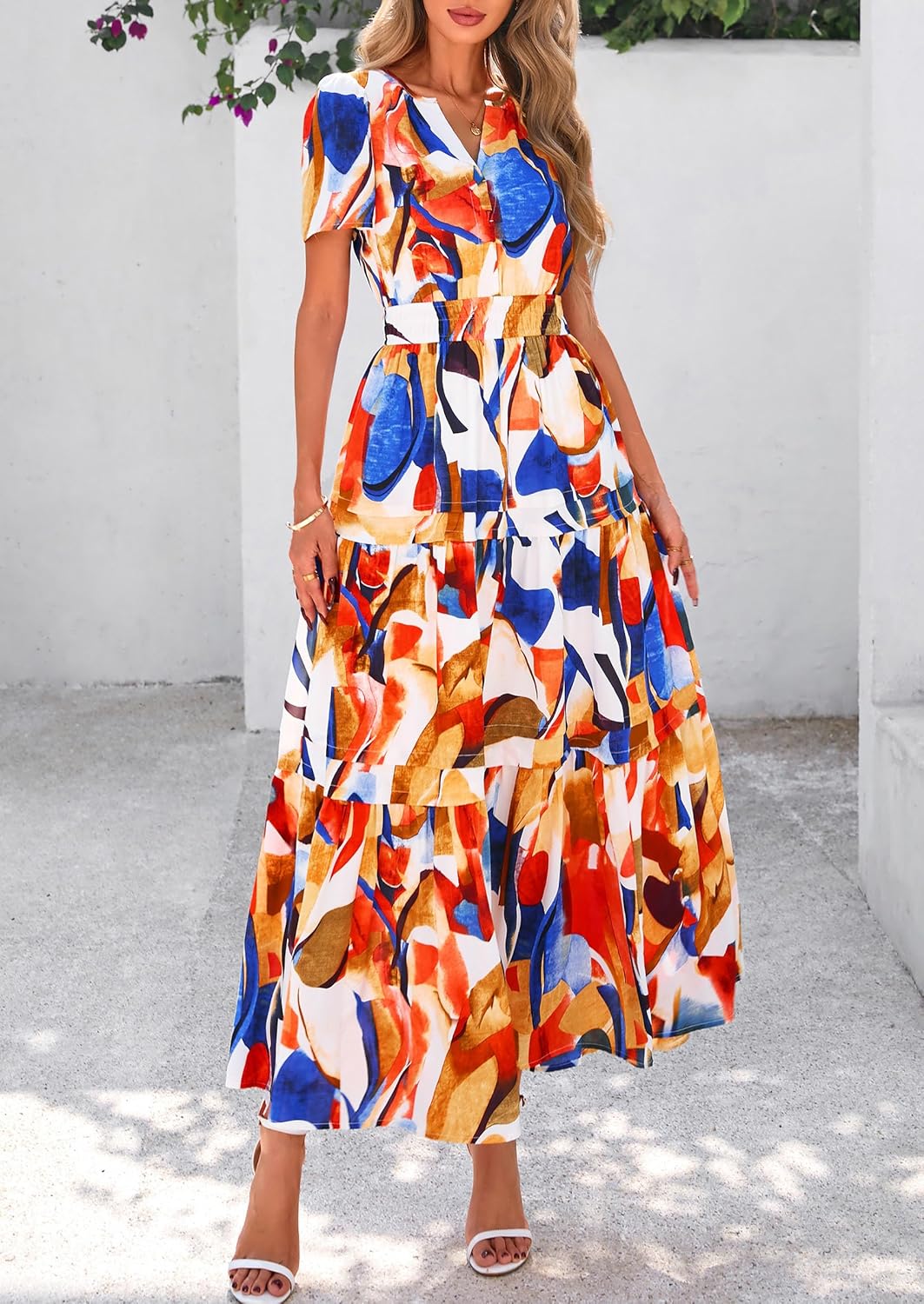 PRETTYGARDEN Women's 2025 Summer Boho Maxi Dresses Floral Short Sleeve V Neck A Line Tiered Flowy Long Beach Vacation Dress - Image 6