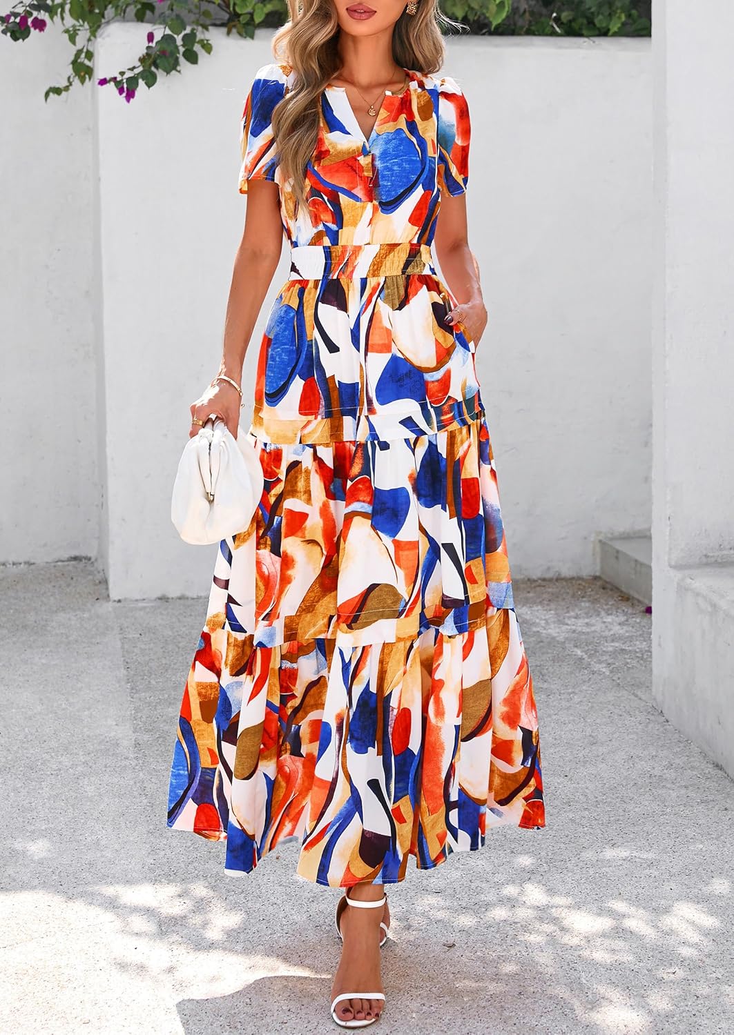 PRETTYGARDEN Women's 2025 Summer Boho Maxi Dresses Floral Short Sleeve V Neck A Line Tiered Flowy Long Beach Vacation Dress - Image 3