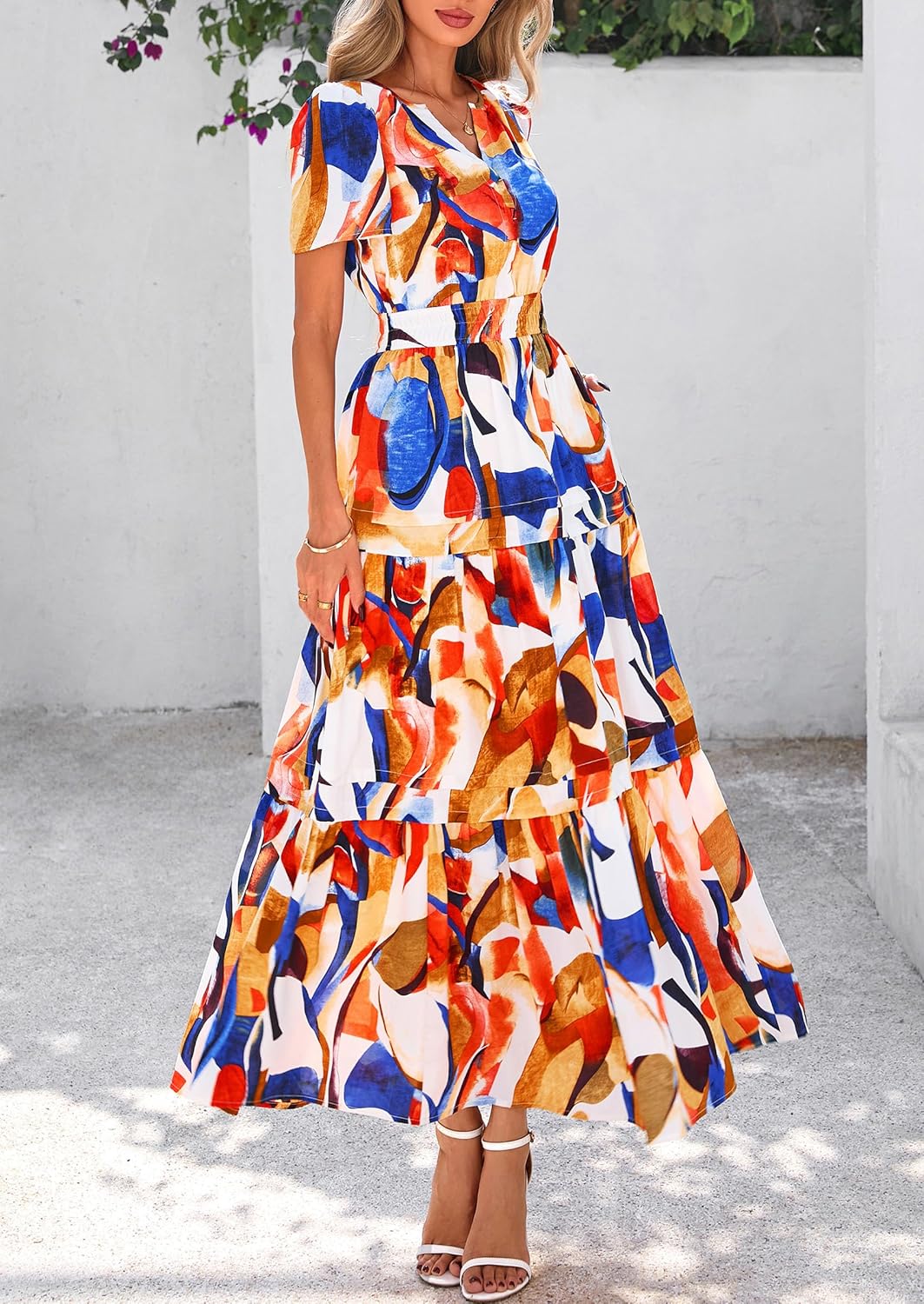 PRETTYGARDEN Women's 2025 Summer Boho Maxi Dresses Floral Short Sleeve V Neck A Line Tiered Flowy Long Beach Vacation Dress - Image 4