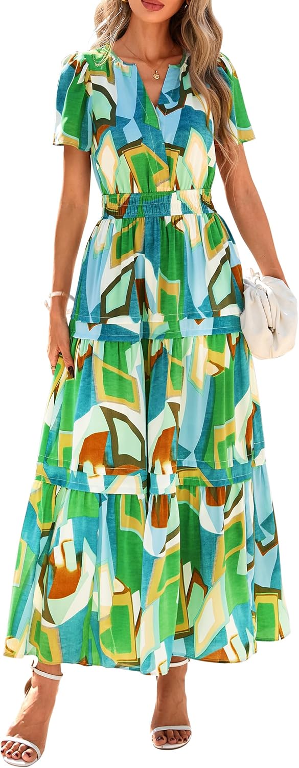 PRETTYGARDEN Women's 2025 Summer Boho Maxi Dresses Floral Short Sleeve V Neck A Line Tiered Flowy Long Beach Vacation Dress - Image 9