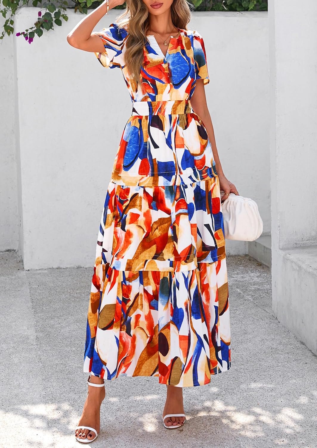 PRETTYGARDEN Women's 2025 Summer Boho Maxi Dresses Floral Short Sleeve V Neck A Line Tiered Flowy Long Beach Vacation Dress - Image 8