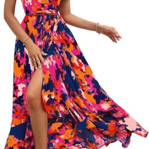 PRETTYGARDEN Women's Summer Maxi Dress Casual Wrap Floral Boho Short Sleeve V Neck Split Ruffle Beach Long Dresses