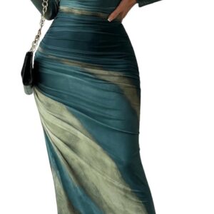 PRSFPN Women's Long Sleeves Maxi Bodycon Dress Tie Dye Ruched Mesh Layer Prom Formal Wedding Elegant Dresses