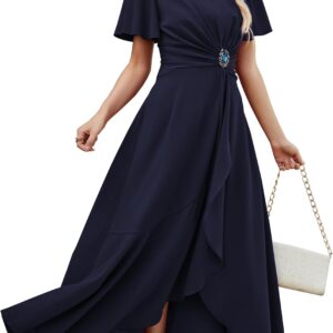 QMZ Wedding Guest Dresses for Women Have Pockets Cocktail Dress Ruffle Sleeve A Line Evening Party Formal Dresses for Women