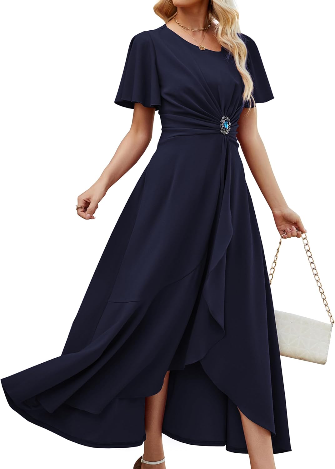 QMZ Wedding Guest Dresses for Women Have Pockets Cocktail Dress Ruffle Sleeve A Line Evening Party Formal Dresses for Women