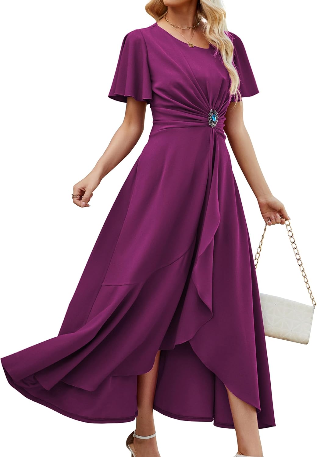 QMZ Wedding Guest Dresses for Women Have Pockets Cocktail Dress Ruffle Sleeve A Line Evening Party Formal Dresses for Women - Image 7