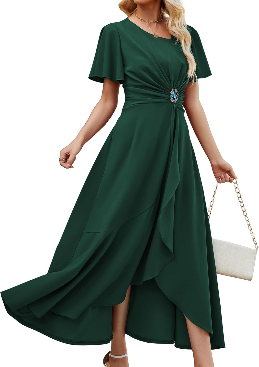 QMZ Wedding Guest Dresses for Women Have Pockets Cocktail Dress Ruffle Sleeve A Line Evening Party Formal Dresses for Women - Image 15