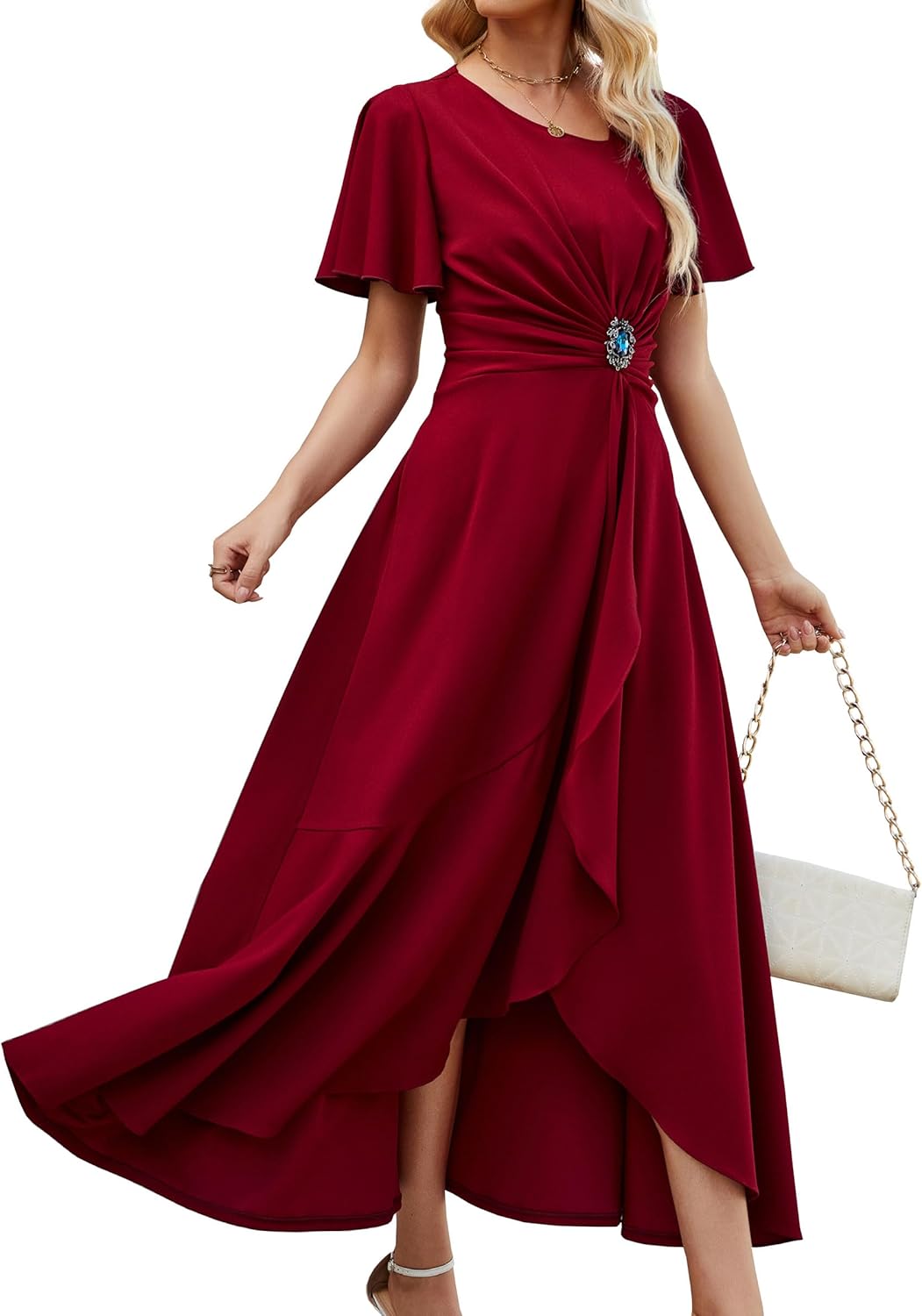 QMZ Wedding Guest Dresses for Women Have Pockets Cocktail Dress Ruffle Sleeve A Line Evening Party Formal Dresses for Women - Image 9