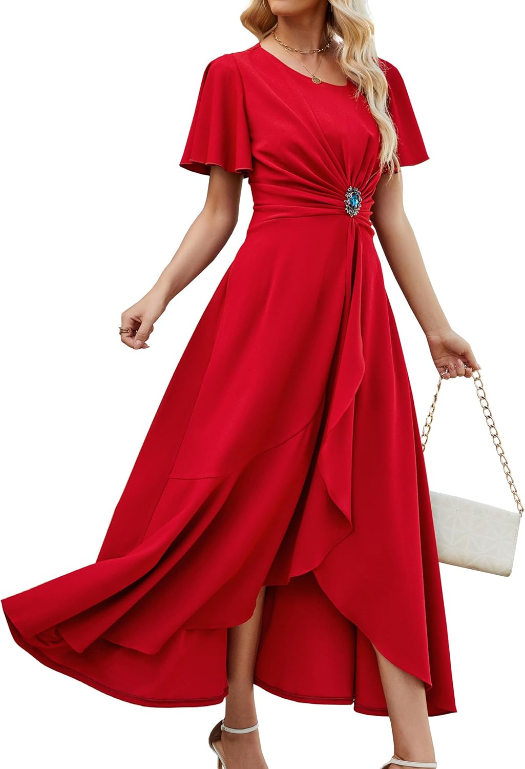 QMZ Wedding Guest Dresses for Women Have Pockets Cocktail Dress Ruffle Sleeve A Line Evening Party Formal Dresses for Women - Image 12