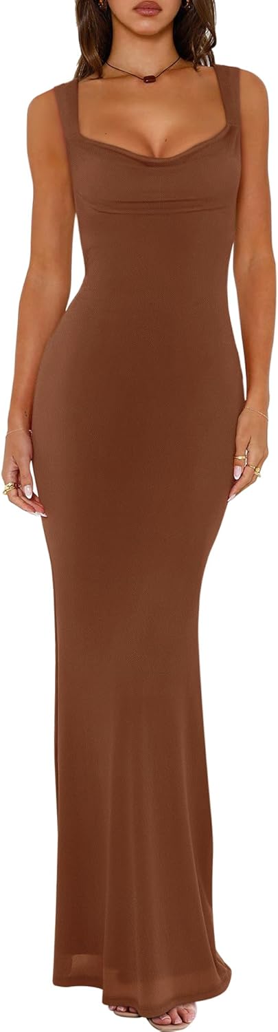 REORIA Women's Summer Cowl Neck Mesh Sleeveless Tank Dress Sexy Double Lined Bodycon Maxi Long Dresses - Image 11