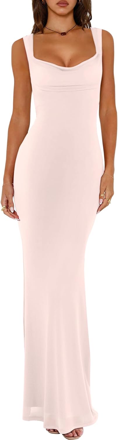 REORIA Women's Summer Cowl Neck Mesh Sleeveless Tank Dress Sexy Double Lined Bodycon Maxi Long Dresses - Image 10