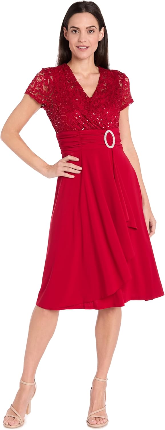 R&M Richards Women's Embellished Cascade Faux Wrap Dress - Image 6