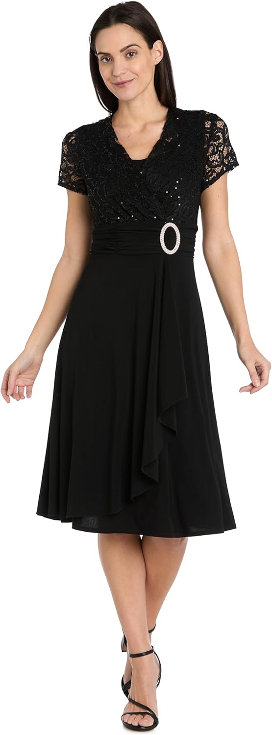 R&M Richards Women's Embellished Cascade Faux Wrap Dress