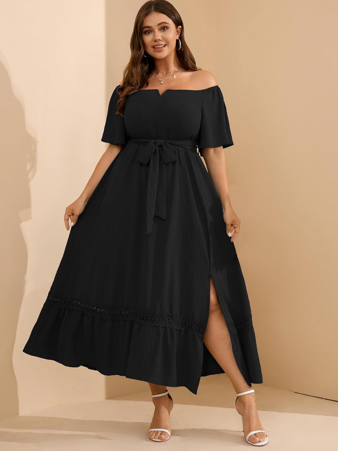 RWJ Women's Plus Size Dress for Cocktail Wedding Guest Formal V Neck Off The Shoulder Maxi Dress with Belt - Image 5