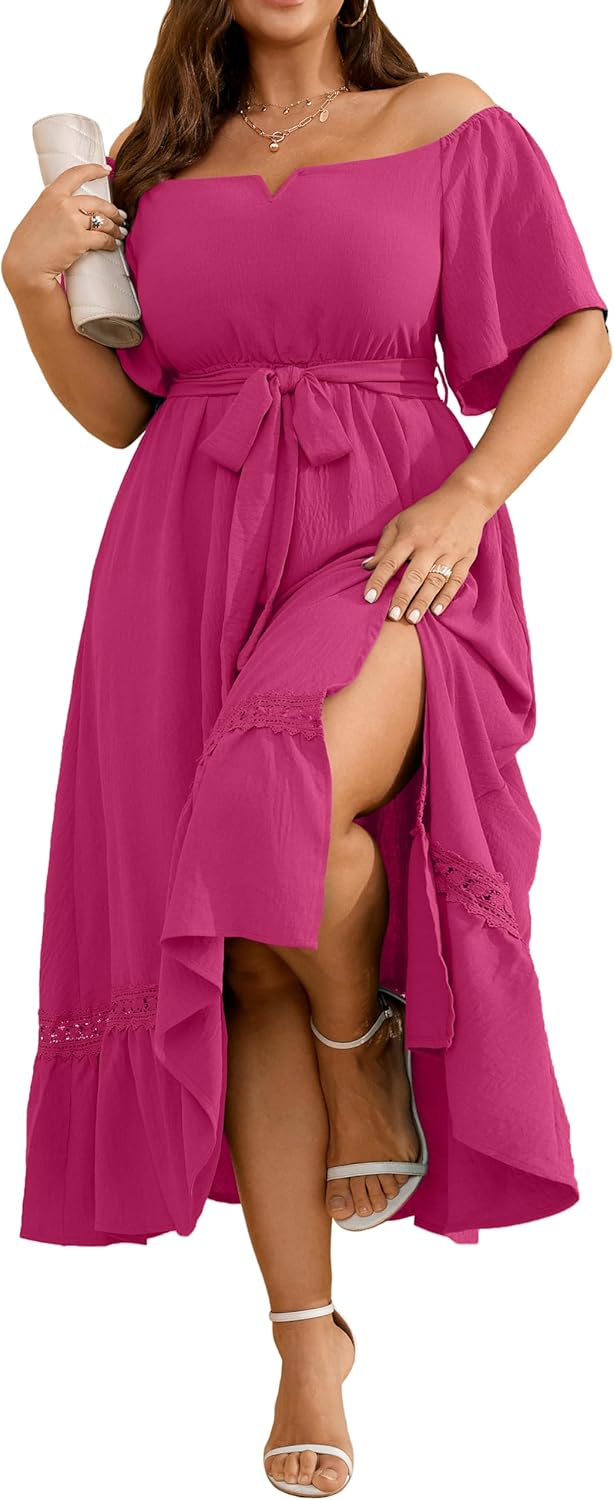 RWJ Women's Plus Size Dress for Cocktail Wedding Guest Formal V Neck Off The Shoulder Maxi Dress with Belt - Image 9